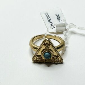 Gold and Blue Triangular Ring with Intricate Detailing